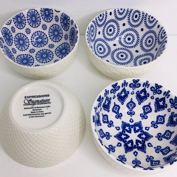 4 Signature International Shibori Tie Dye Cereal Bowls Blue White 5” - Picture 4 of 9